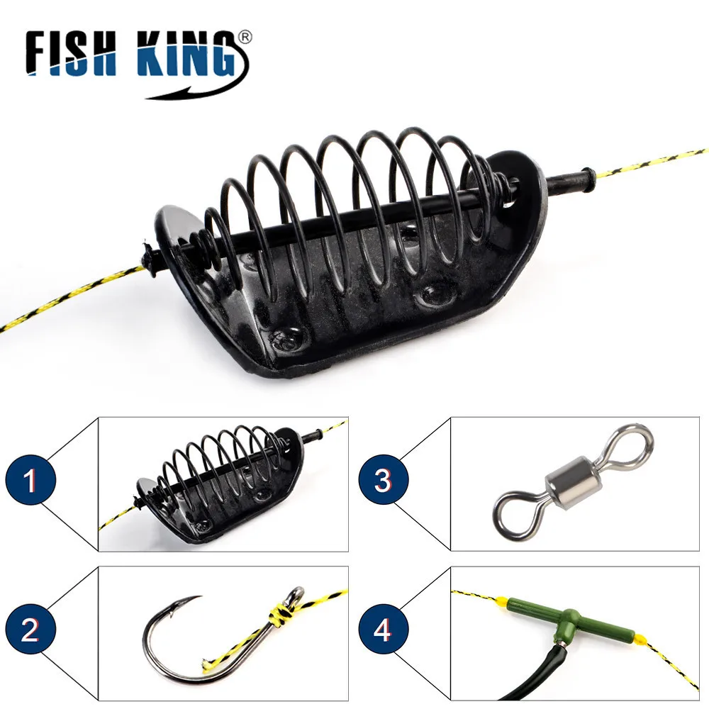 FISH KING 20g-80g Metal Carp Fishing Hair Rigs Sinker Bait Cage Europe Feeder Fishing Group With Barbed Carp Bait Holder Hook