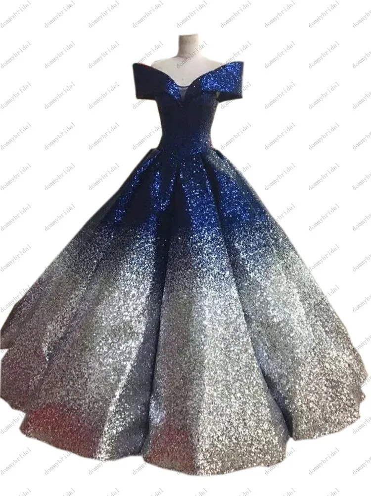 Glitter lantejoulas v pescoço fora do ombro ombre ouro bola vestido quinceanera formal vestidos com boné mangas curtas vestidos de noite