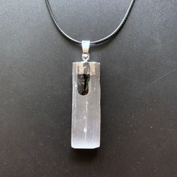 Natural Selenite Crystal Pendant Black Tourmaline Point Necklace Yin Yang Pendant Necklace Jewelry Dropship 1pc