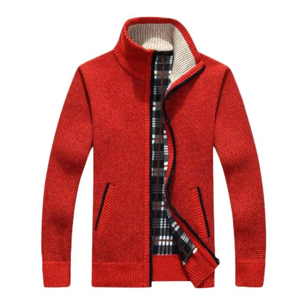 Homens Casaco Cor Sólida Zipper Outono Inverno Solto Stand Collar Plush Cardigan Sweater para Escritório