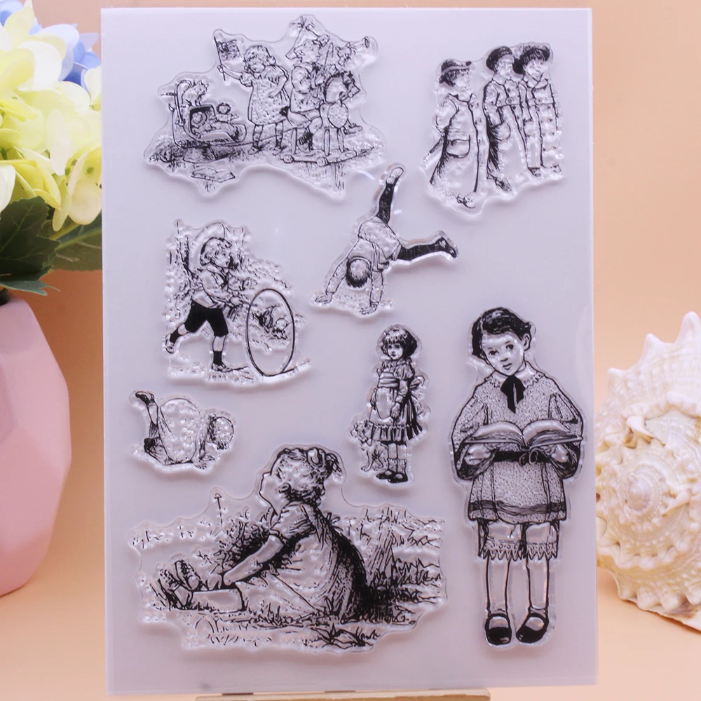 Alinacutle Clear Stamps Cute Children Kids Girl Character DIY Scrapbooking Card Paper Craft Rubber Transparent Silicon Stamps