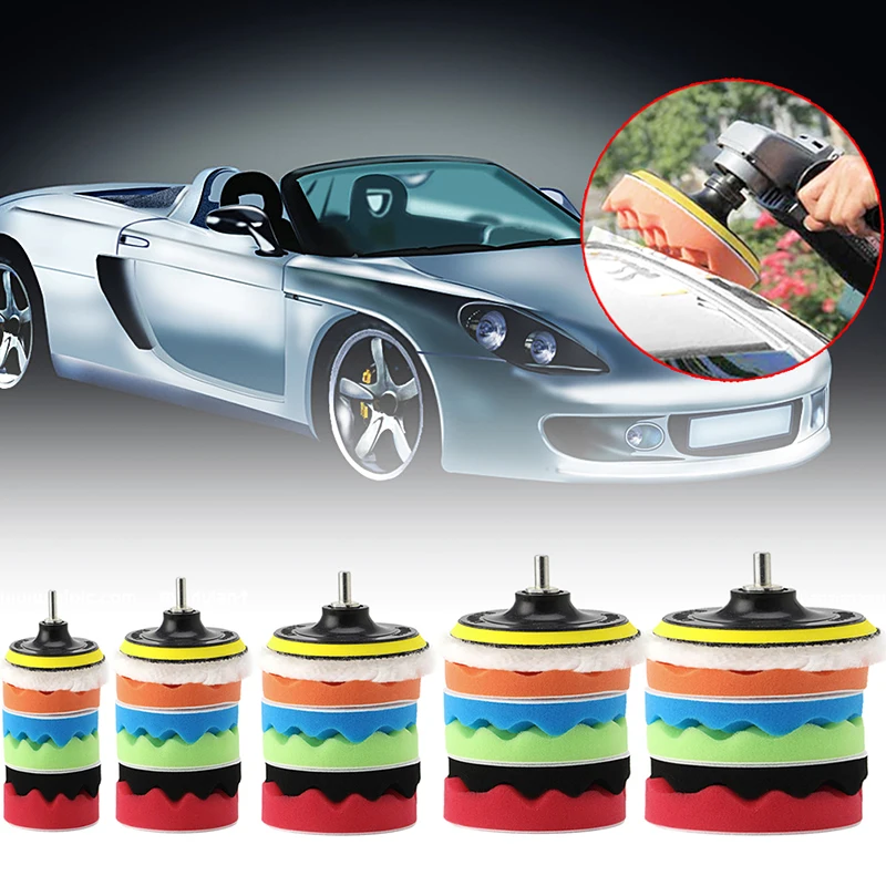 

New 7Pc 3/4/5/6/7'' Car Polisher Polishing Waxing Buffing Woolen&Sponge Pads Kit Woolen Buffer, Adhesive Backer Pad