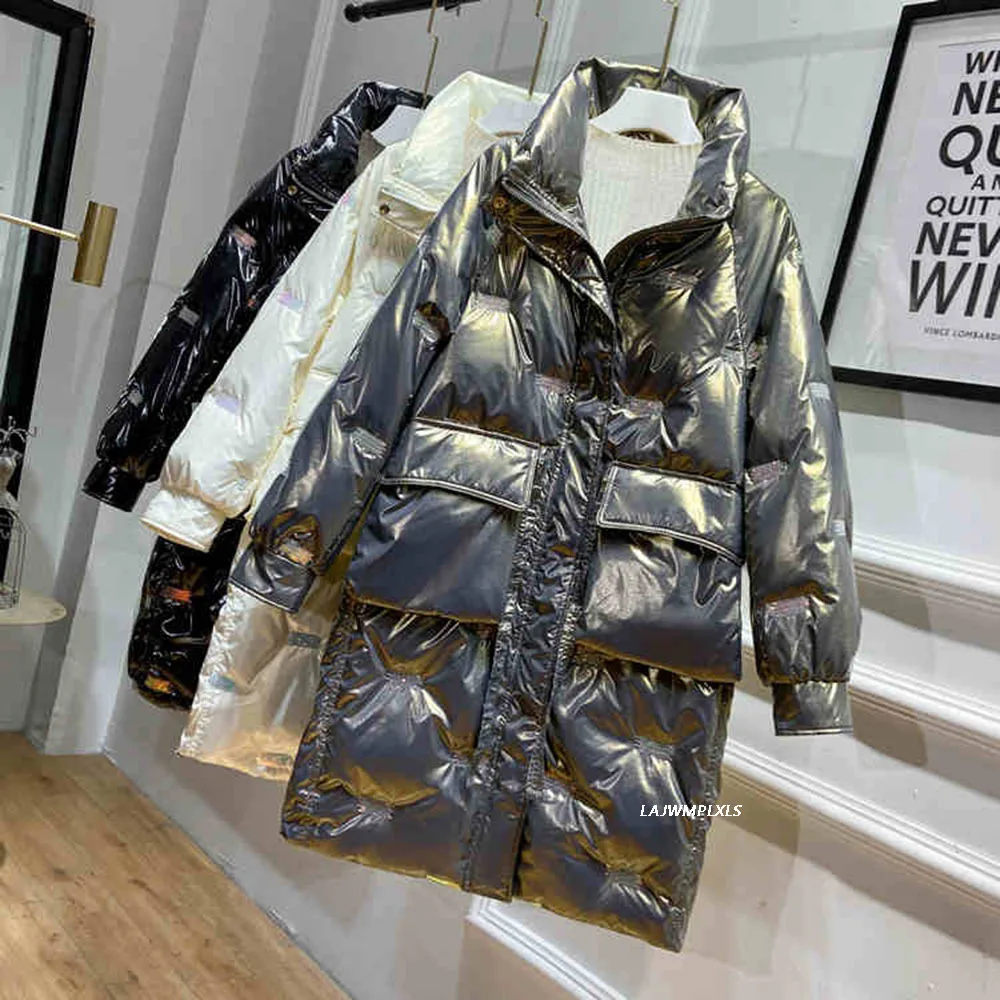 Glossy patent fabric down coats Winter Luxurious quality glossy down coat female Stand-up collar thicker warm down coat