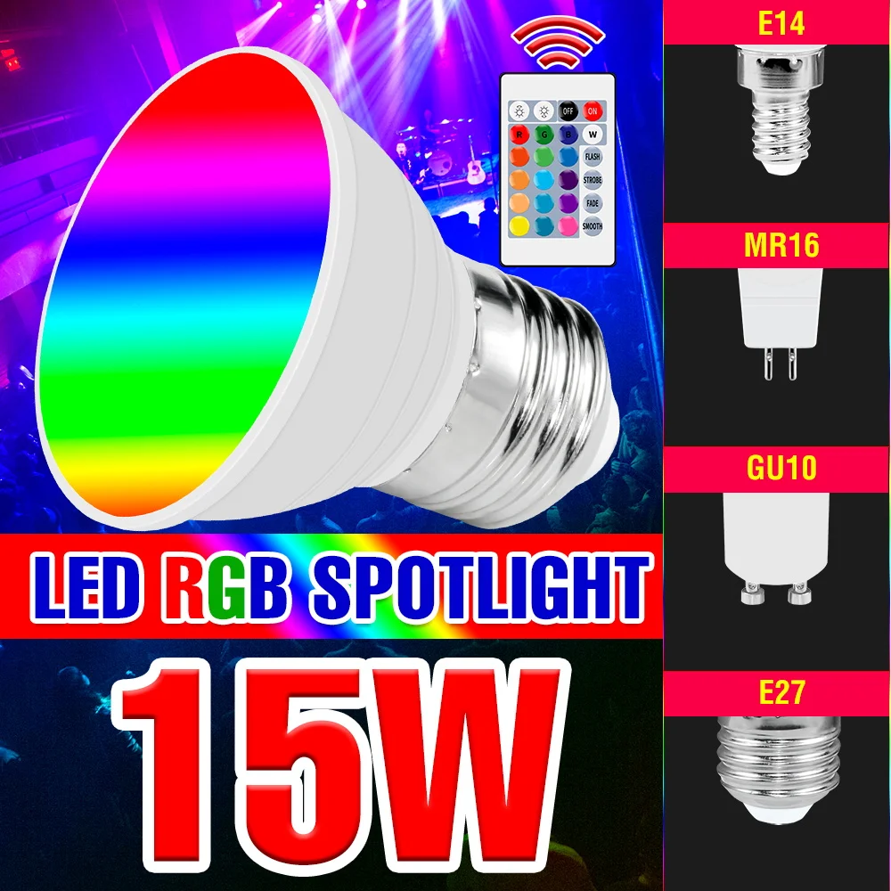 Bombilla LED RGB E27, luz de 220V, foco mágico, lámpara de atmósfera, lámparas de decoración de Color MR16, E14