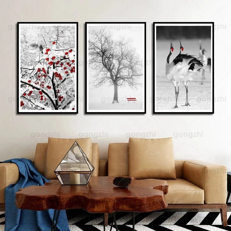 Chinese Canvas Painting Winter Red Persimmon Tree Grus Japonensis Classical Bookstore Livingroom Home Wall Deco Printing Poster