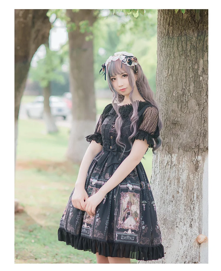 Vestido gótico de palacio para niña, vestido de tirantes de princesa lolita, vintage, estampado de cintura alta, Victoriano, kawaii, gótico lolita cos loli