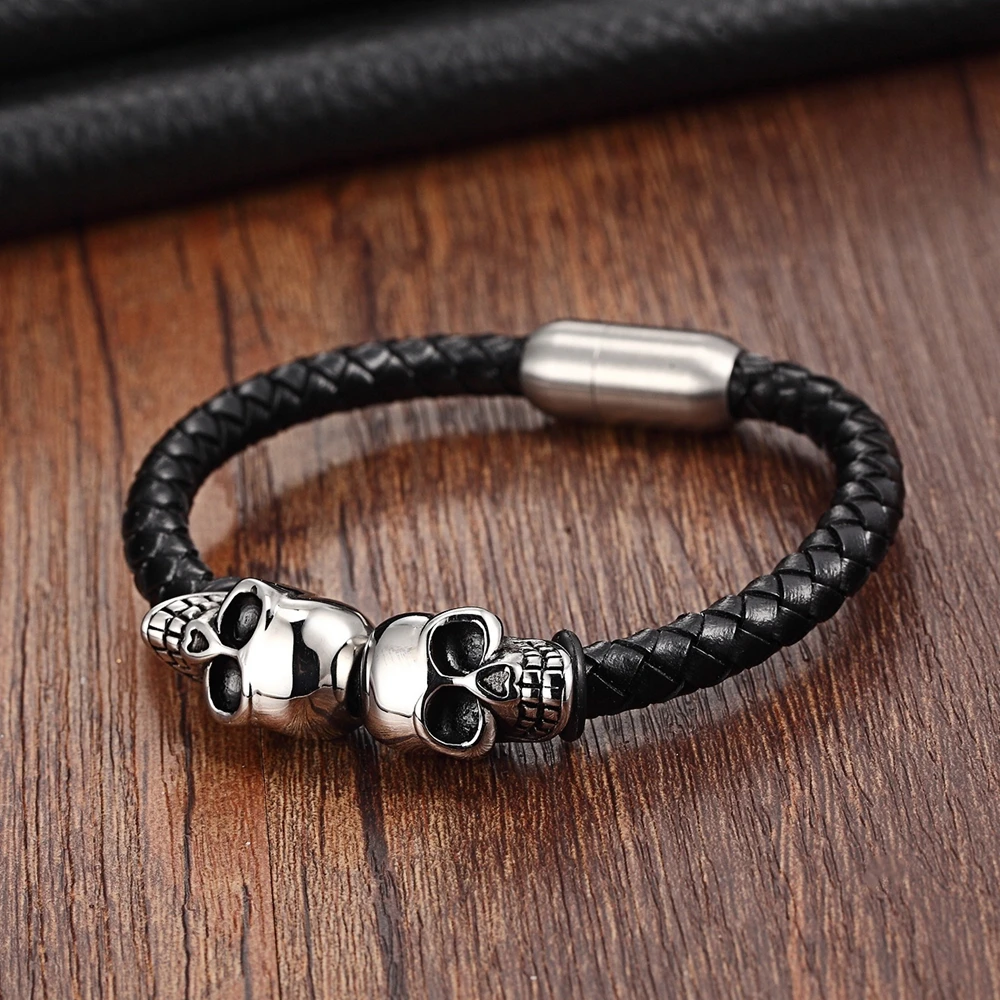 TYO New Fashion Black Braided Men Leather Bracelets Stainless Steel Cool Skull Bangles Jewelry Gift Wholesale Dropshipping