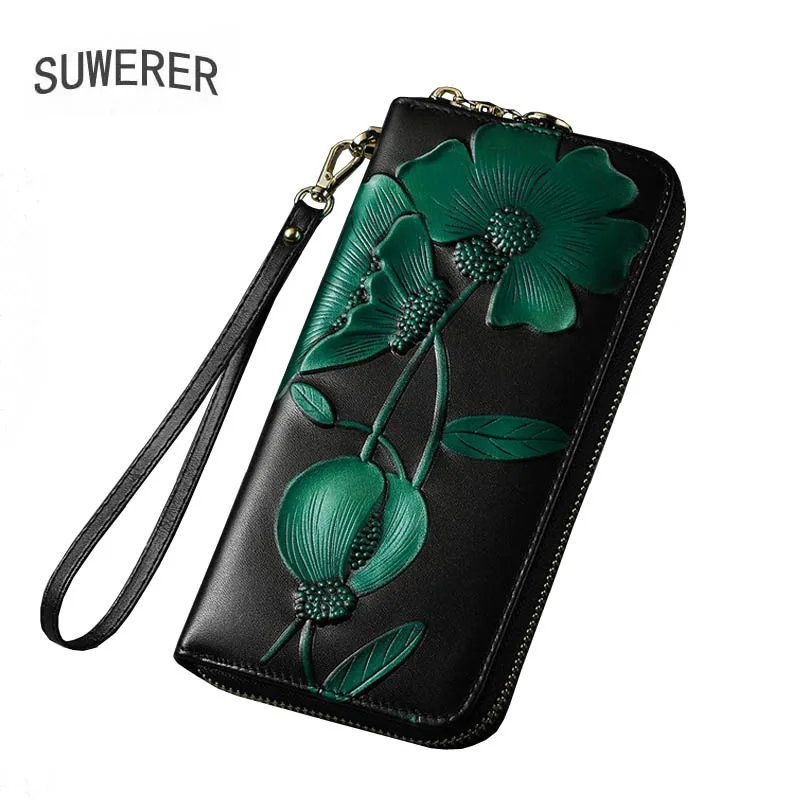 SUWERER Real Cowhide wallet fashion women Genuine Leather bag Flowers clutch bag Women's famous brand cowhide bag