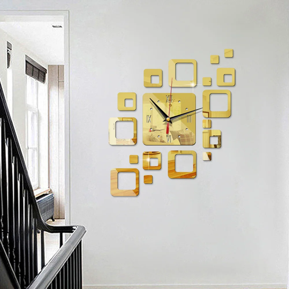 Acrylic Creative Hollow Square Mirror Wall Clock Diy Household Stickers Personality Mute Modern Design Home Decoration Watch