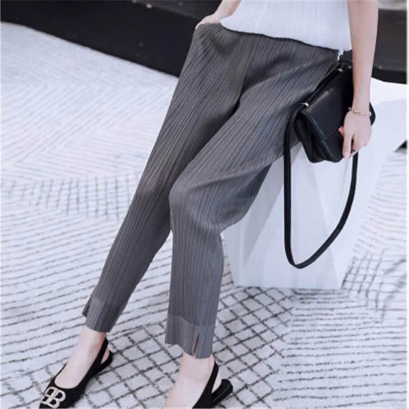 Miyake pleated fashion new cropped trousers, solid color, large size, slim fit, urban casual pants, split pants, women\'s pants