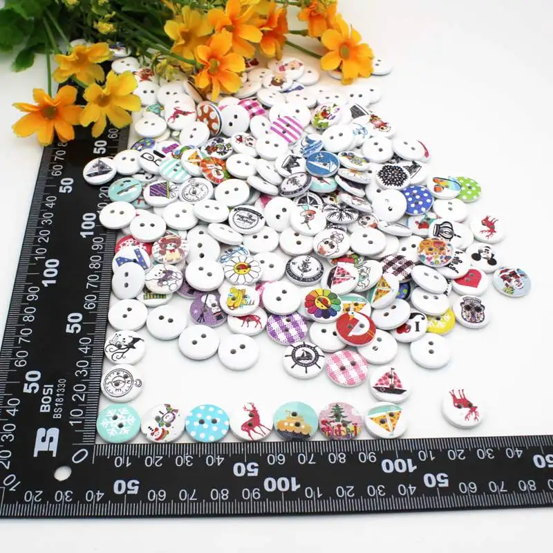 100Pcs Random Mix Flower Printed Round Wooden Button 2 Holes 15mm Wood Buttons For Decorative Buttons DIY Sewing Accessories