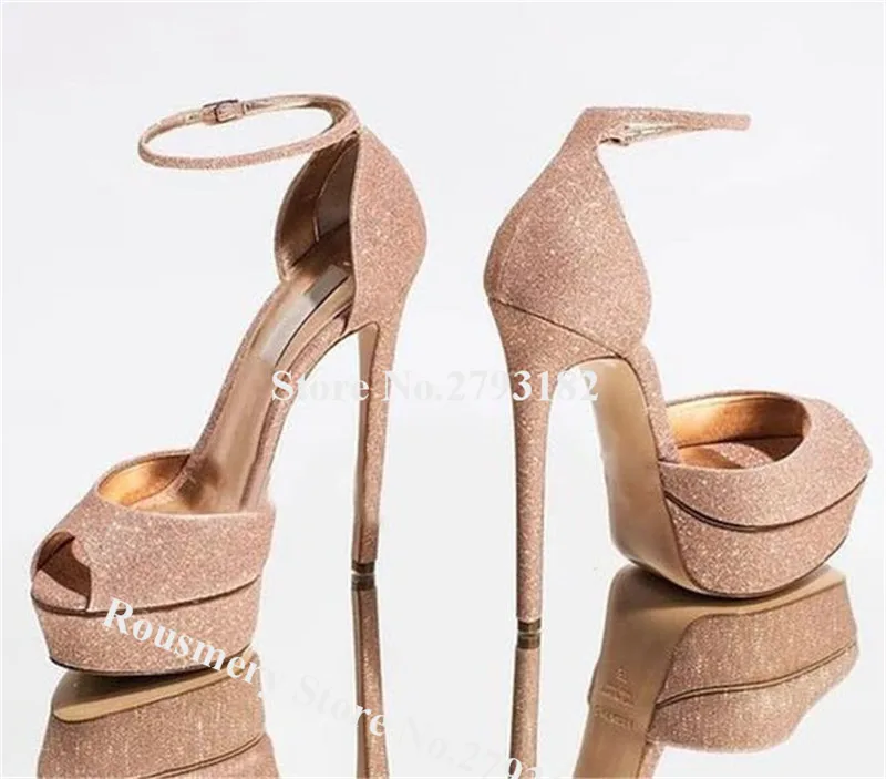 Women Charming Peep Toe Rose Gold Glitter Stiletto Heel Pumps Ankle Strap Sequined High Platform Heels Wedding Dress Shoes