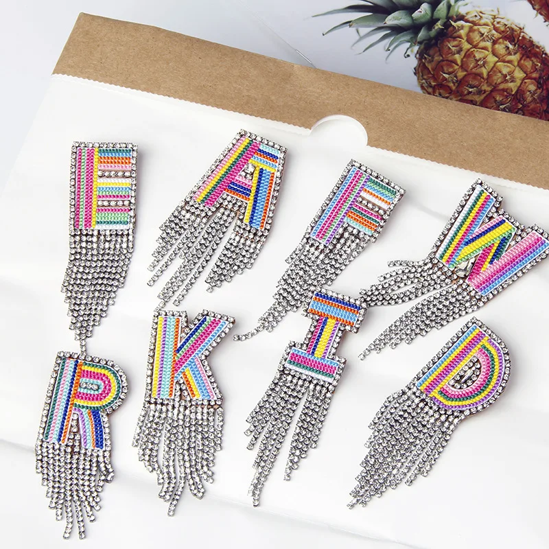 A-Z 26pc Rhinestones Letters Iron on Patches for Clothing Tassel Embroidered Appliques Sticker Stripes Badge Diy Craft