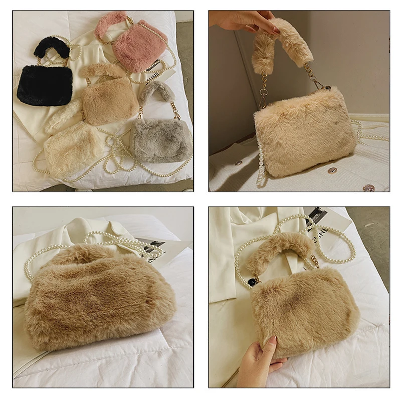 Plush Tote Bags Pearl Chain Bag For Women 2021 Winter Soft Fluffy Bags Solid Furry Luxury Designer Handbag Fur Shoulders Bags