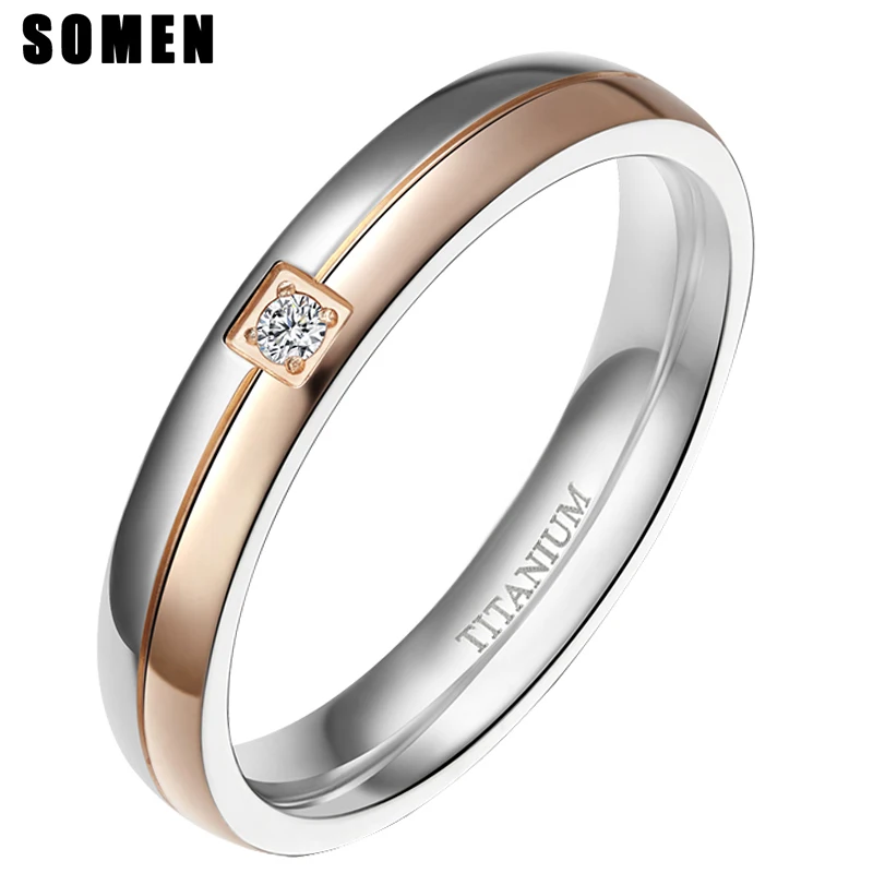 Somen Ring Women 4mm Titanium Rings Simplicity Cubic Zirconia Wedding Band Engagement Rings Romantic Couple Jewelry Bague Femme