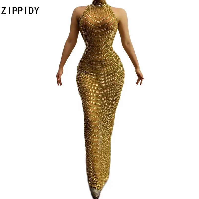 2020 Gold Full Rhinestones Mesh Long Dress Women Singer Show Dress Birthday Prom Outfit High Neck Transparent Dress