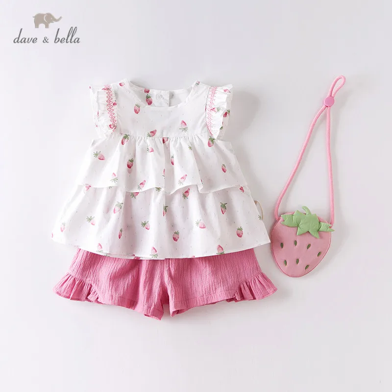 

DBM14178 dave bella summer baby girls fashion fruit print ruched clothing sets kids cute sets children with small bag 3 pcs suit