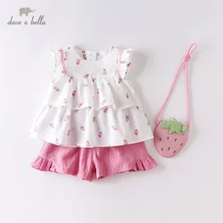 DBM14178 dave bella del bambino di estate delle ragazze di modo di frutta stampa increspato set di abbigliamento per bambini set carino per bambini con il piccolo sacchetto 3 pc del vestito