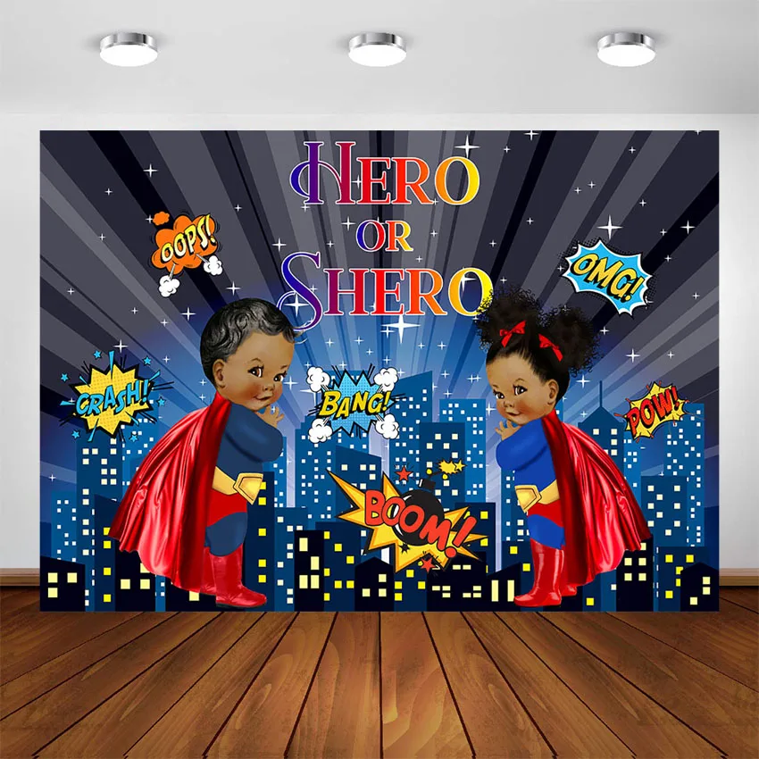 

Superhero Theme Gender Reveal Photo Background Boy or Girl Party Banner Decoration Photography Backdrop Photo Studio Photocall