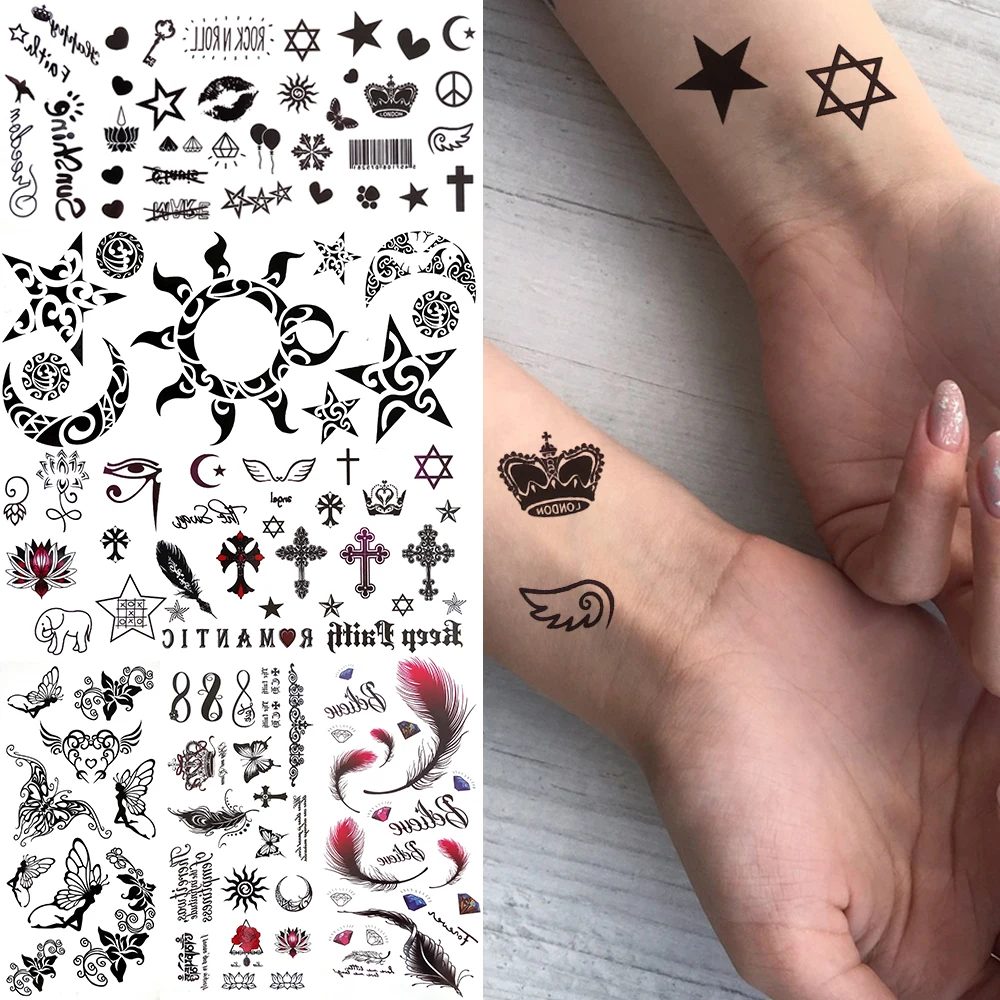 Small Star Crown Temporary Tattoos For Women Kids Fake Face Tattoo Men Black Sun Moon Sticker Fake Finger Tatoos Infinity 