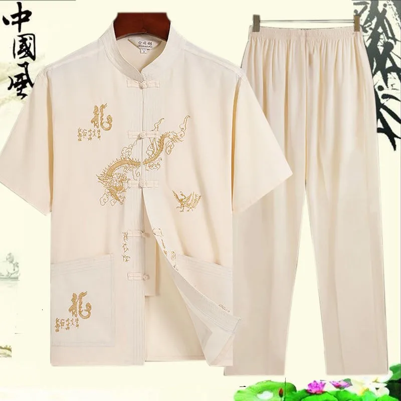 Traditional Chinese Men Embroidery Tang Suit Short Sleeve Taichi Uniform Cotton Dragon Wushu Clothing Loose Male Kung Fu Shirt