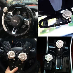 Camellia Flower Car Interior Accessories Crystal Leather Steering Wheel Cover Seat Belt Shifter Cover Auto Headrest Mirror Case