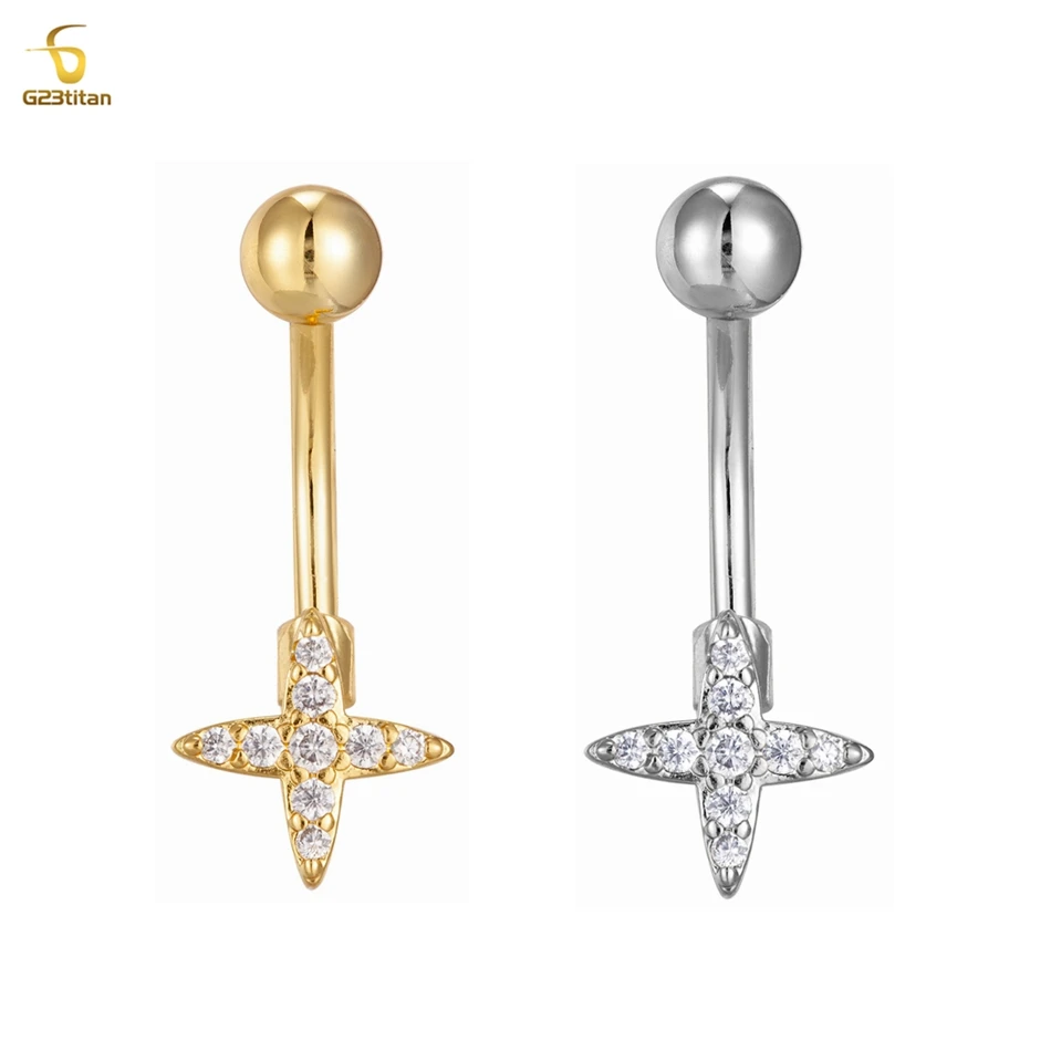 ЦИРКОНИЕВЫЕ кольца для пупка с крестом и звездой, 14 г, титановая штанга, серьги для пупка золотого цвета, ювелирные изделия из нержавеющей стали для пупка
