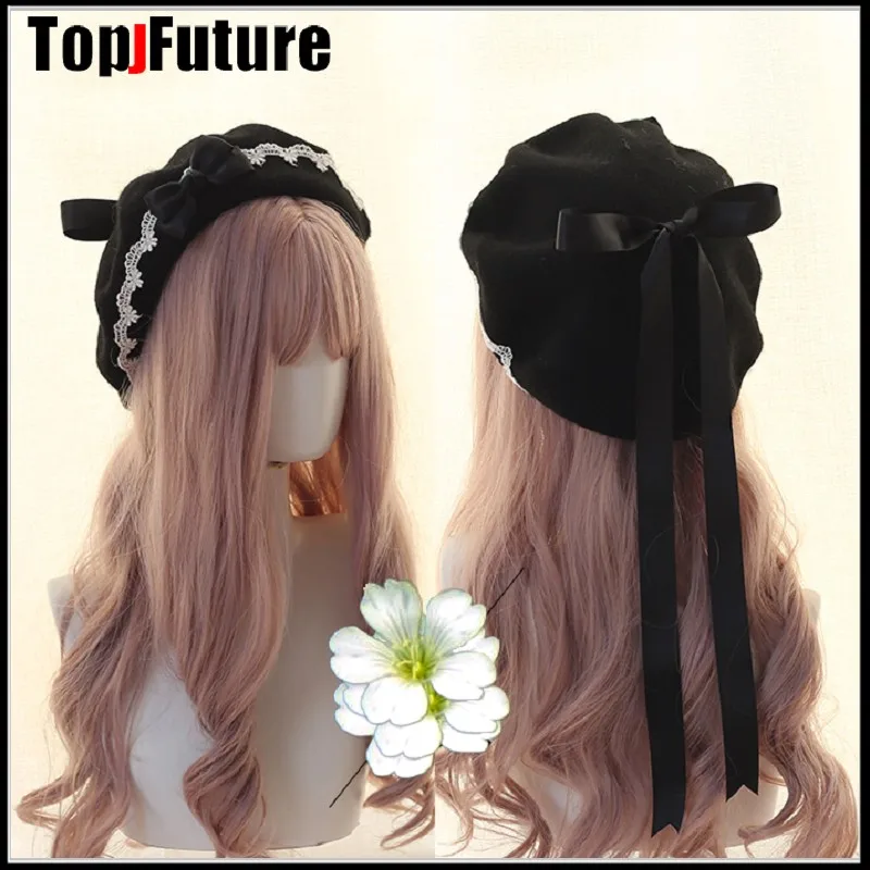 Japanese girl Kawaii Beret Hat Lolita Teenage heart Sweet Woolen Handmade Cute Lace Bowknot Warm  Winter Painter Hat Headdress