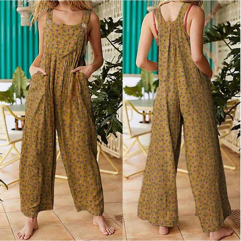 Summer New Women Casual Loose Flower Print Jumpsuits Women\'s Overalls Boho Sleeveless Square Collar Jumpsuits Rompers