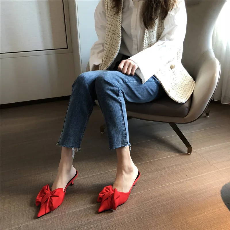 2021 New Spring Slippers Women\'s Korean-Style Pointed Polka Dot Bow Stiletto Mid-Heel Low Heel Slippers Polka Dot Half Slippers