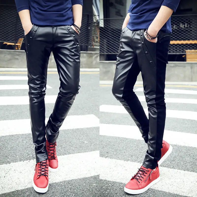 

Fashion Leather Pants Mens Spring and Autumn Man Slim Fit Skinny Trendy Tight Male Riding PU Leather Motorcycle Pants Black