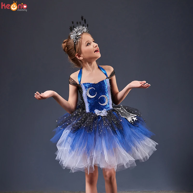 

Galaxy Moon & Stars Halloween Costume Night Sky Kids Tutu Party Dress Sparkly Pageant Gala Princess Girls Ball Gown Vestido