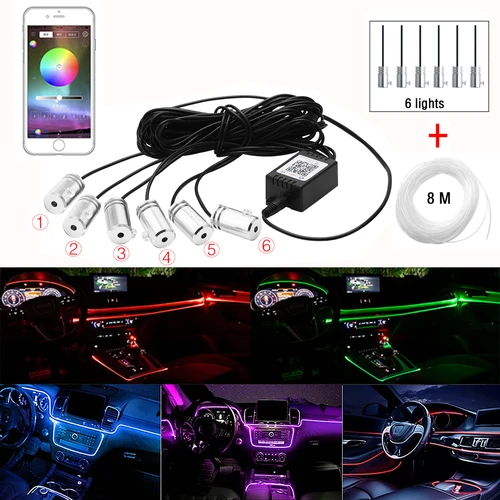 Imagen 1 del producto Kit de lámpara de decoración ambiental para coche, 4/5/6 en 1, RGB, neón, Bluetooth, Control por aplicación, cigarrillo, USB, luz LED de ambiente Interior para coche, 12V