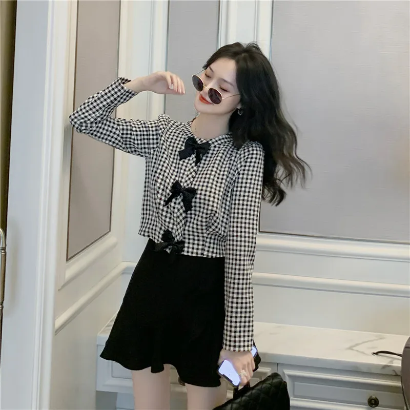 Blouses Women Short Plaid Pattern Bowknot Tops Female's Long-sleeved Shirt 2020 New Autumn Winter Blouse for Femme Blusa Mujer