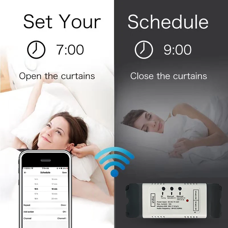 Módulo esperto do interruptor de ewelink 2ch wifi para o motor dc da cortina da porta de rolamento, 12v 24v 32v, relé de 2 canais rf433 para a casa do google alexa