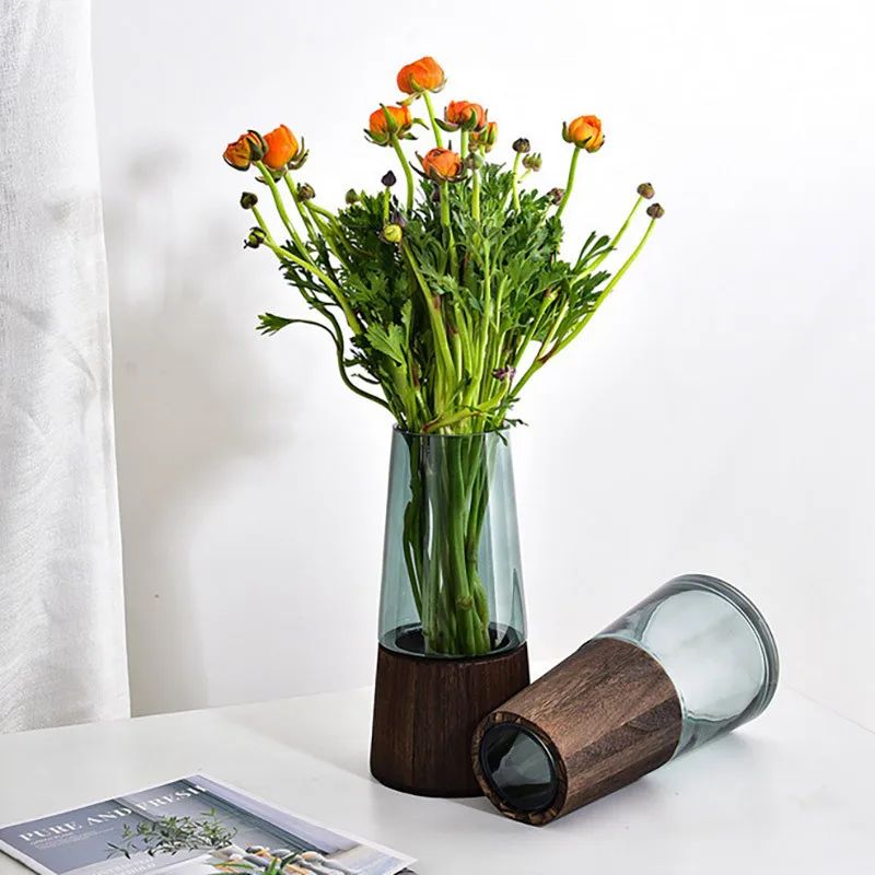 

2021 скандинавский стиль, роскошная простая домашняя прозрачная стеклянная ваза из массива дерева, Цветочная композиция, мягкое украшение
