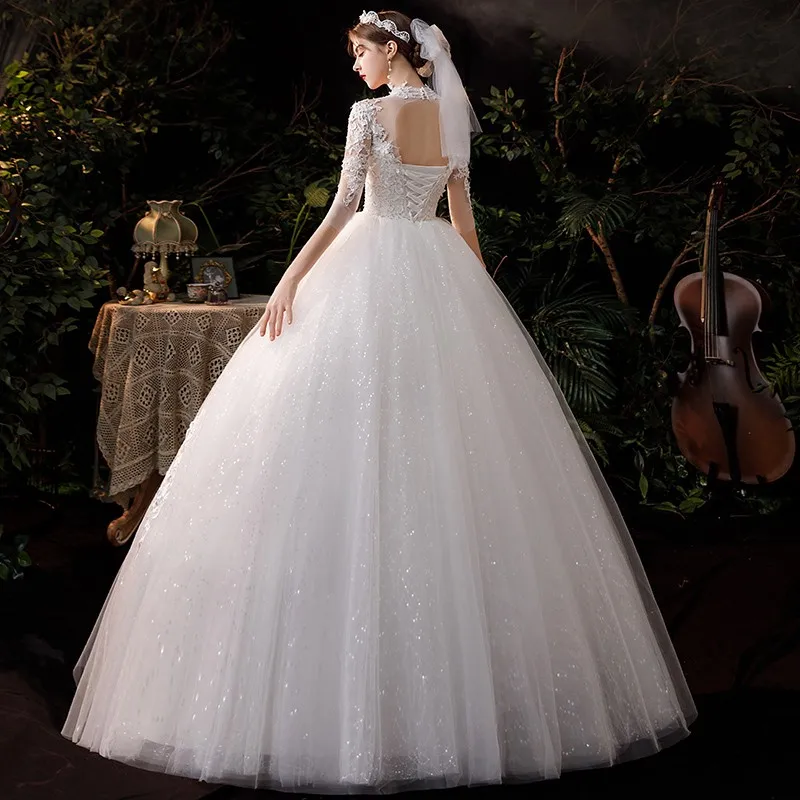 Wedding Dress 2021 Noble Three Quarter Sleeve Bridal Dress Elegant High Neck Ball Gown Princess Vestido De Noiva Plus Customize