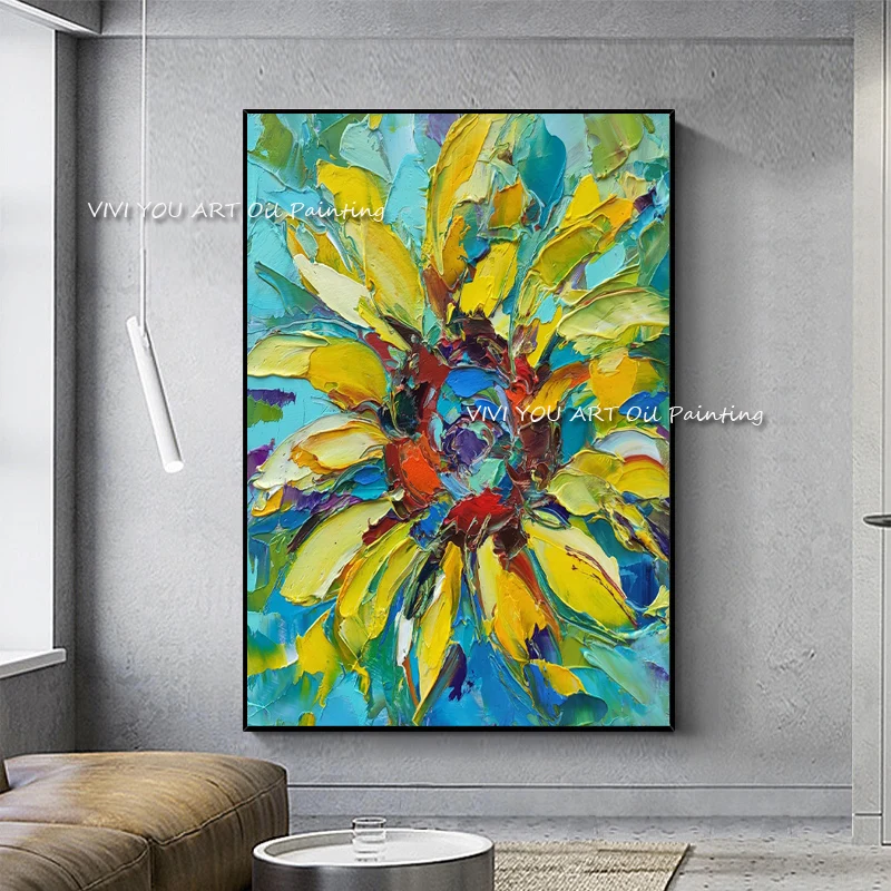 Vertical Palette Knife Sunflower Canvas Painting, 100% Handmade Bright Flower Abstract Wall Art, Frameless Entryway Decor