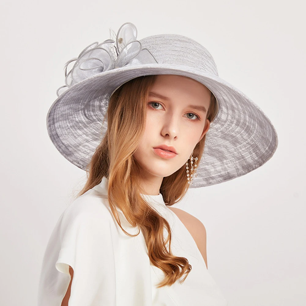 FS Summer Beige Lace Fascinator Hats Wide Brim Party Church Hat For Women Elegant Wedding Fedora Ladies Kentucky Derby Cap 2024