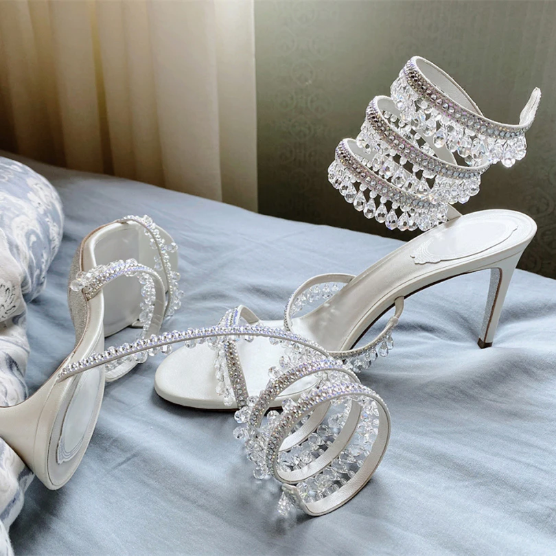 Summer Shiner Crystal Drop High Heel Sandal Snake-like Thin Heels Wedding Dress Shoes Rhinestones Sexy Sandalias view 6