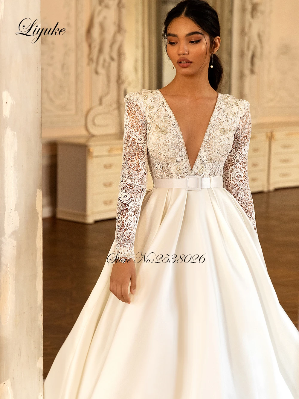 Liyuke Custom Made Luxury A Line Wedding Dress White Color Stain Skirt With Sexy V Neckline Full Sleeve Bridal Dress Backless