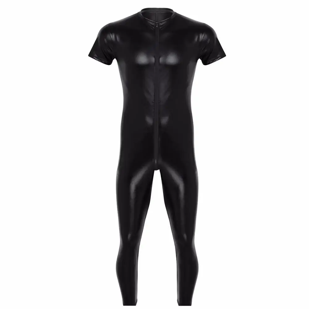 Mens Lingerie Wet Look Faux Leather Full Bodysuit Stretchy Short Sleeves Zipper Crotch Bodysuit for Stage Performance