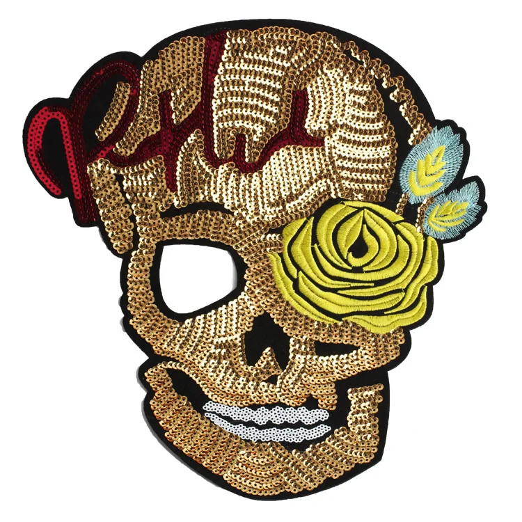 10Pieces Skull Head Patch Golden Patches for Clothing Sequin Accessories Stickers for Clothes Large Badge 28.8x30.7cm