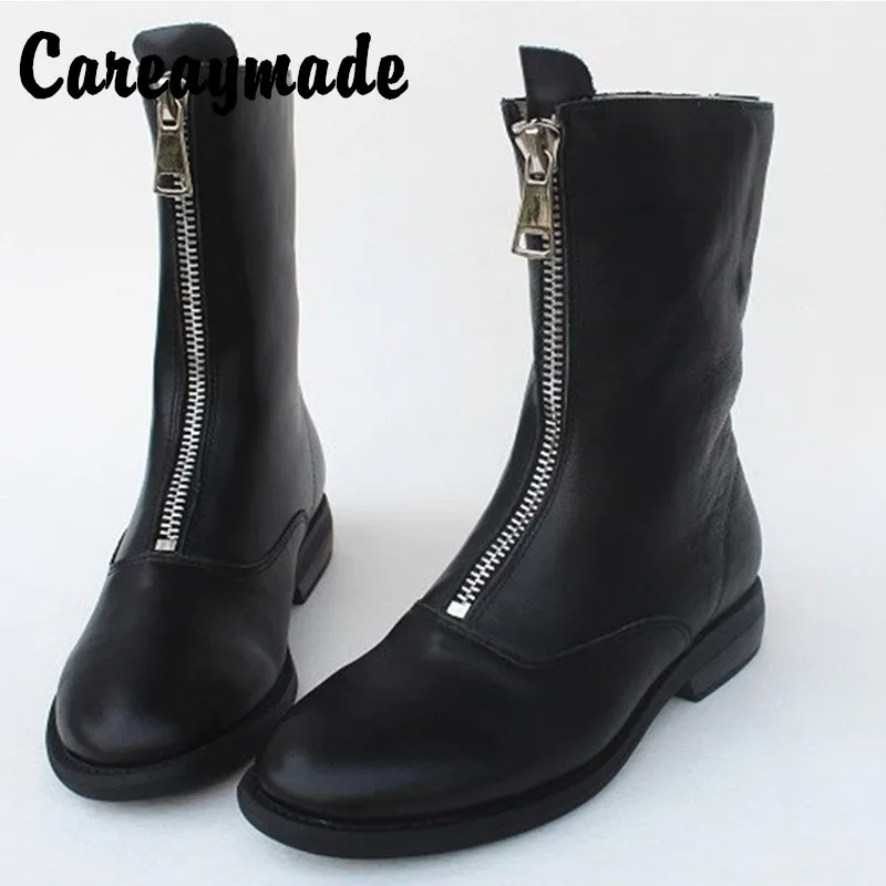 Careaymade-Genuine leather Fall&winter front zipper boots for women show thin Fashion cowhide plus velvet Large women's shoes