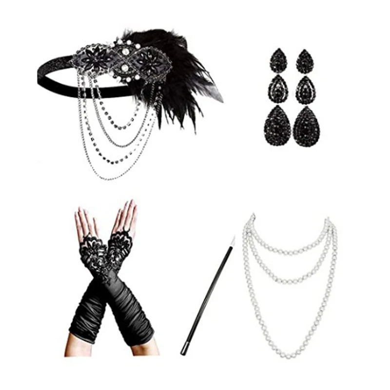 5Pcs/set Women 1920S Headband The Great Gatsby Cosplay Stage Performance Retro Feather Headband Necklace Earring Accessories Set