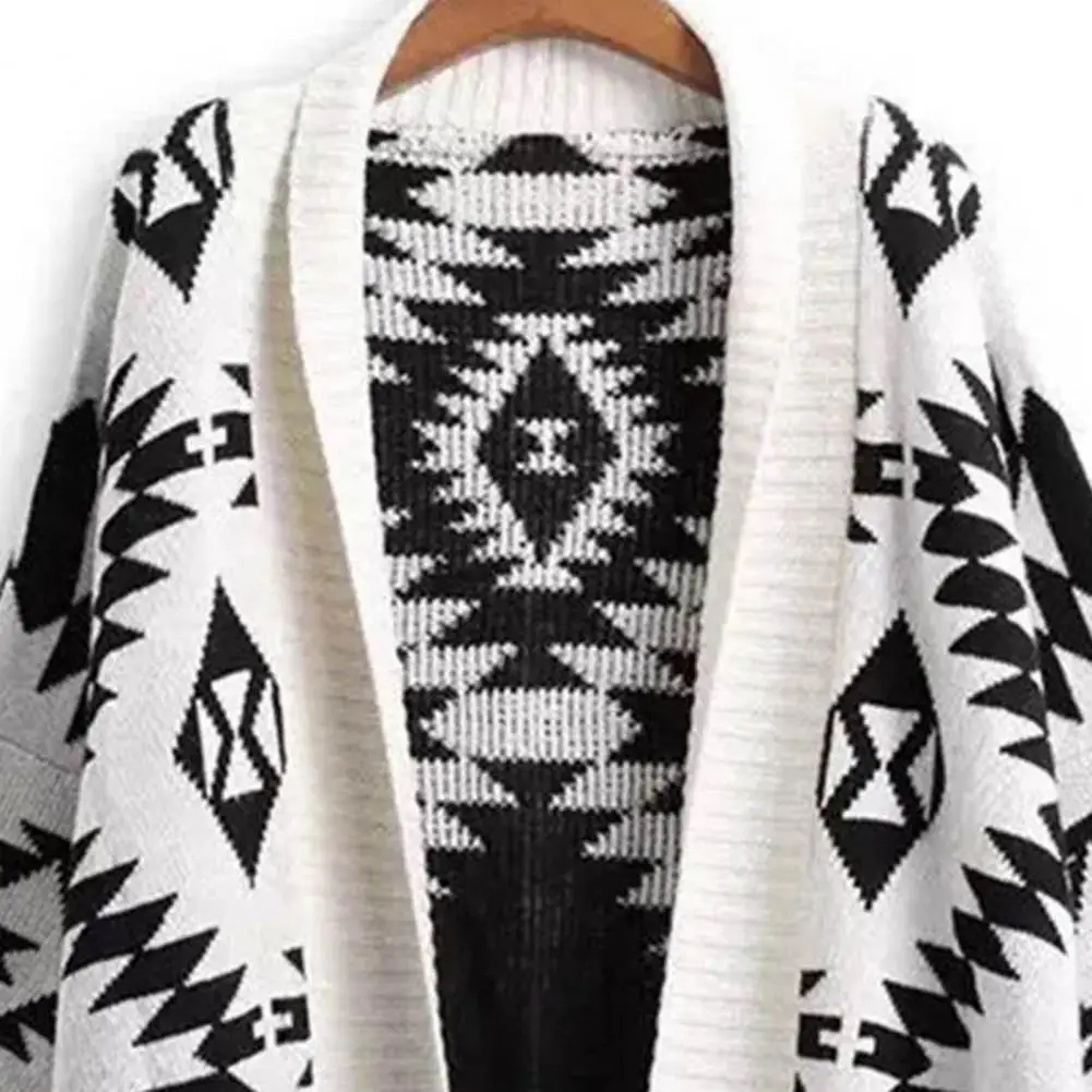 Geometric Argyle Women Sweater Cardigan Knitted Coat Top Casual Ethnic Vintage Print Autumn Winter Warm Sweater Coat Casual