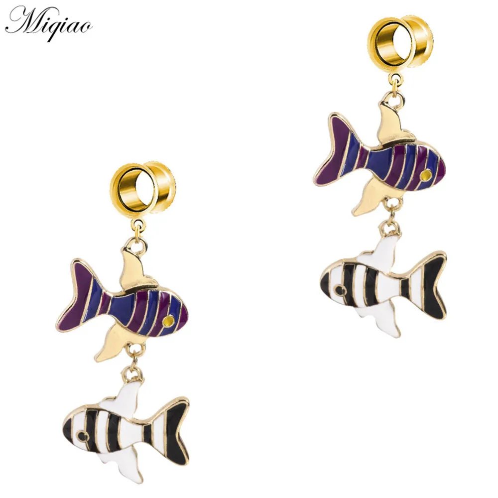 

Miqiao 2pcs Trendy Hot Style Stainless Steel Dripping Fish Pendant, Double Horn Ear Expander, Exquisite Piercing Jewelry
