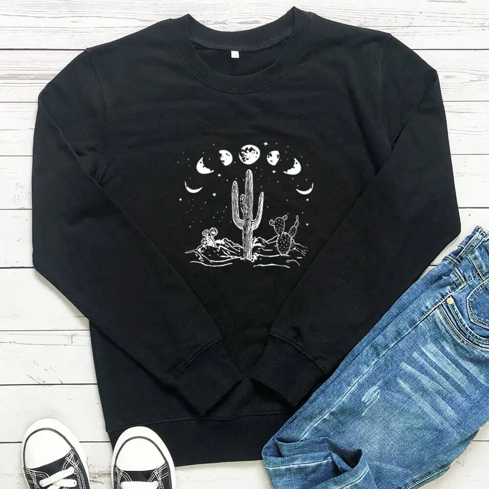 Cactus Moon Phase Desert 100%Cotton Women Sweatshirt Unisex Casual O-Neck Long Sleeve Tops Nature Sweatshirts Eco Life Top Top