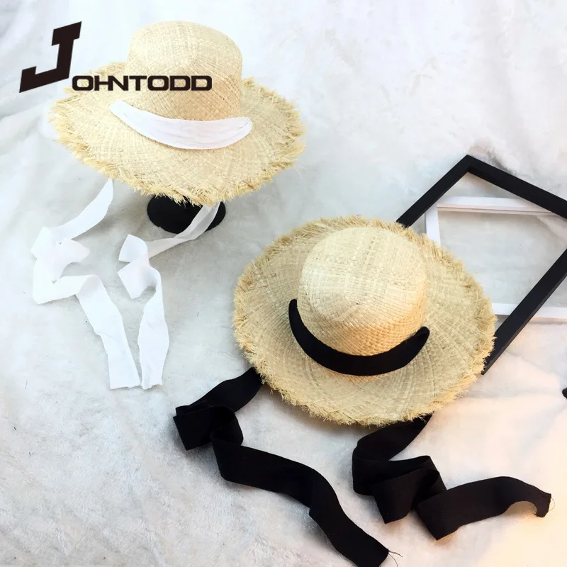 

2021 Fashion Black White Ribbon Woman Sun Hat Summer Beach Hats Outside Women Raffia UV Hats Chapeu Feminino