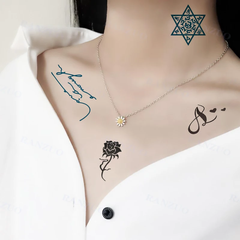 Waterproof Temporary Tattoo Sticker Black English Letters Stars Feathers Waves Men and Women Art Tattoo Chest Neck Arm Tattoo